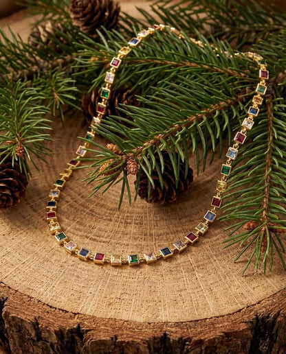 Vivid Rainbow Gemstone Gold Tennis Necklace