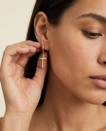 Gold Cross Dangle Hoop Earrings | Minimalist Faith Jewelry
