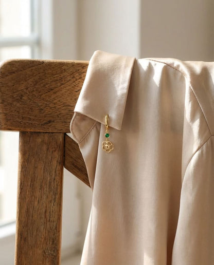 Gold Flower Dangle Hoop Earrings with Emerald Green Stone