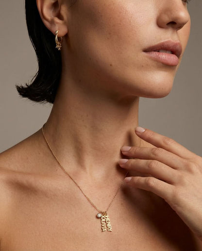 Personalized Vertical Name Necklace with Birthstone in Gold