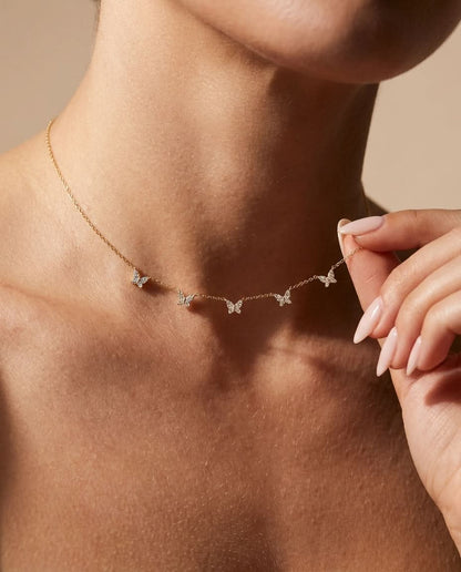 Dainty Pavé Diamond Butterfly Station Necklace in Gold