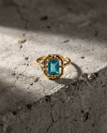 Vintage Gold Ring with Emerald Cut Blue Topaz