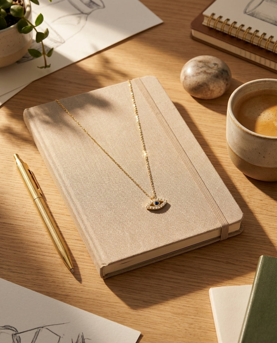 Dainty Diamond Evil Eye Necklace in 14k Gold