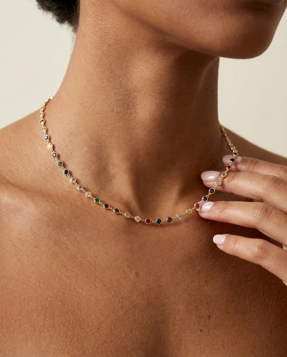 Vivid Rainbow Gemstone Gold Station Necklace