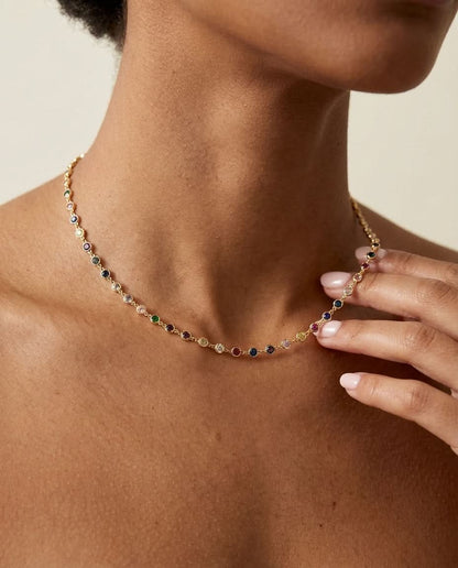 Vivid Rainbow Gemstone Gold Station Necklace
