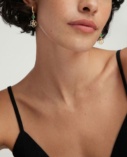 Gold Flower Dangle Hoop Earrings with Emerald Green Stone