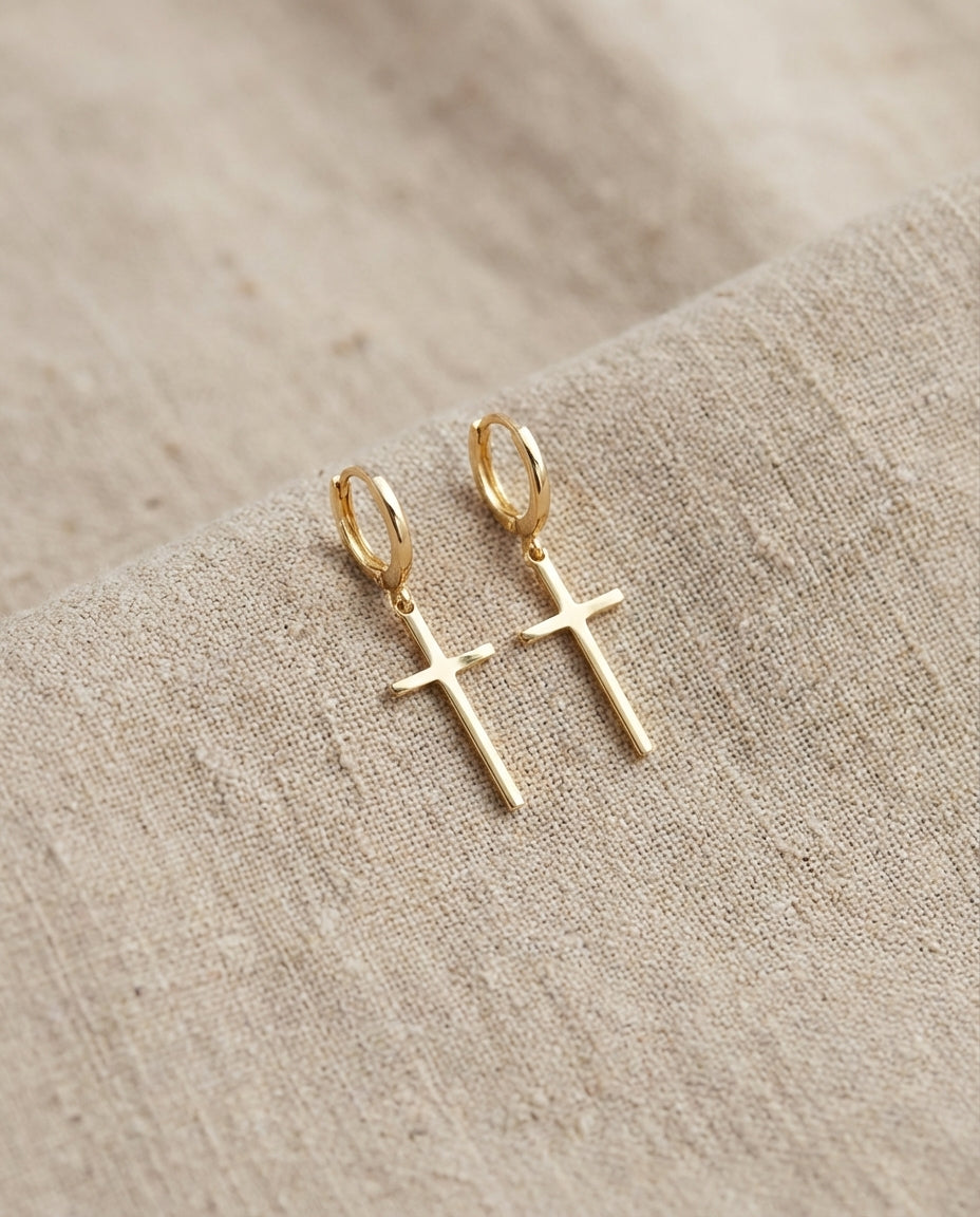 Gold Cross Dangle Hoop Earrings | Minimalist Faith Jewelry