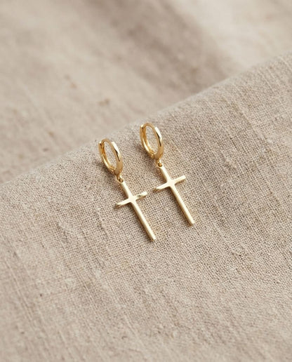 Gold Cross Dangle Hoop Earrings | Minimalist Faith Jewelry