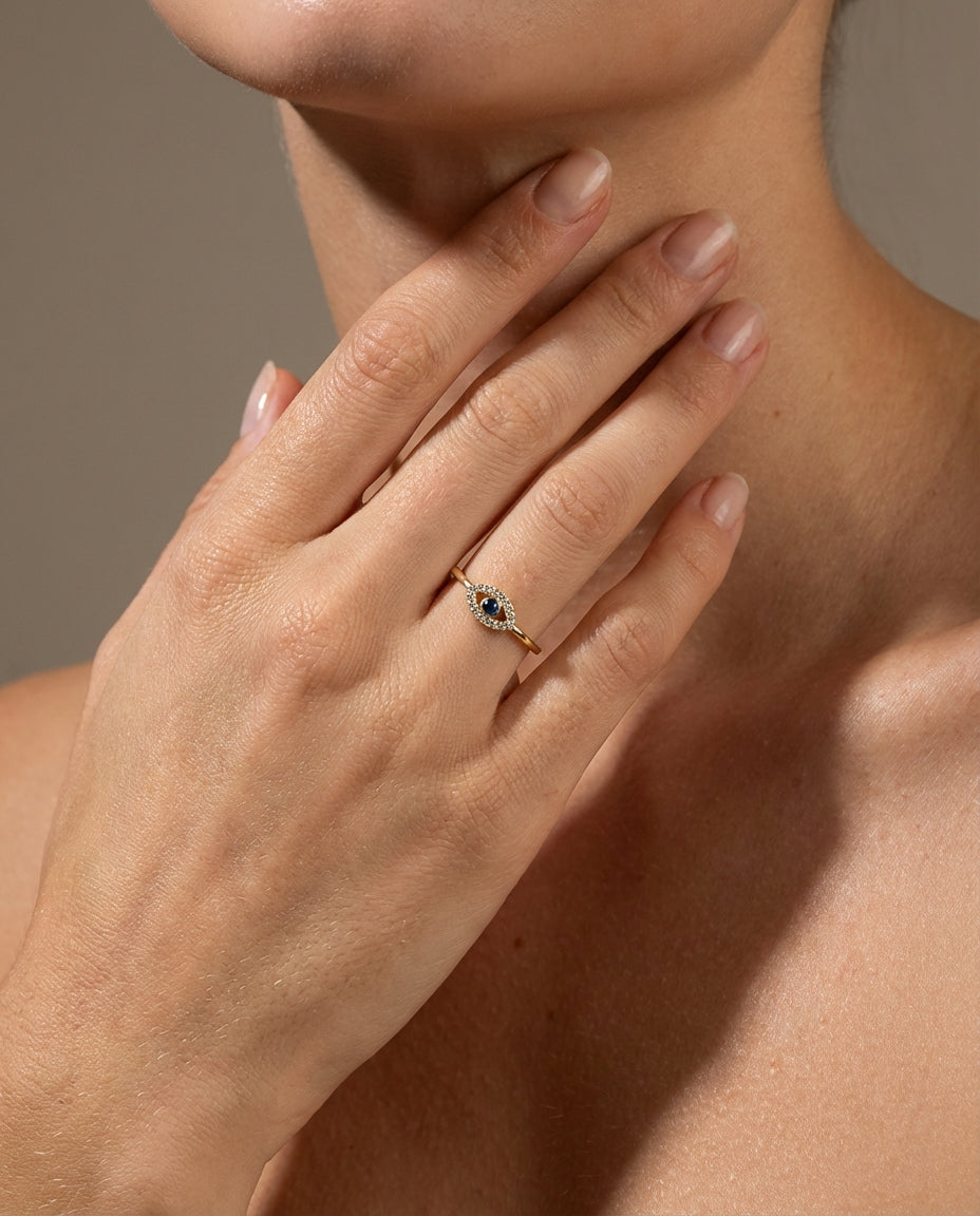 Dainty Gold Evil Eye Ring with Diamond & Sapphire