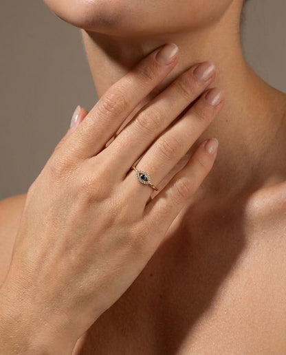 Dainty Gold Evil Eye Ring with Diamond & Sapphire