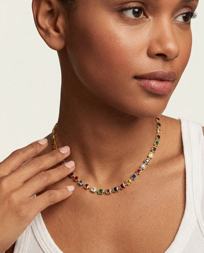Vivid Rainbow Gemstone Gold Tennis Necklace