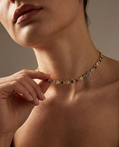 Vivid Rainbow Gemstone Gold Tennis Necklace