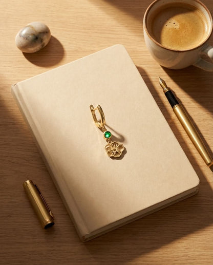 Gold Flower Dangle Hoop Earrings with Emerald Green Stone