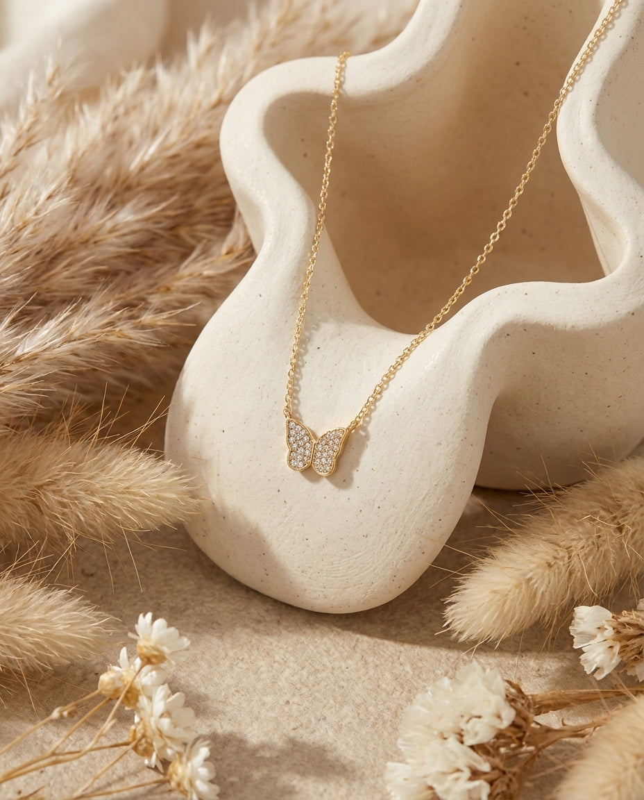 Dainty Gold Butterfly Necklace with Pave Diamonds