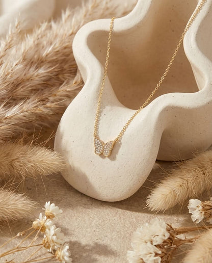Dainty Gold Butterfly Necklace with Pave Diamonds