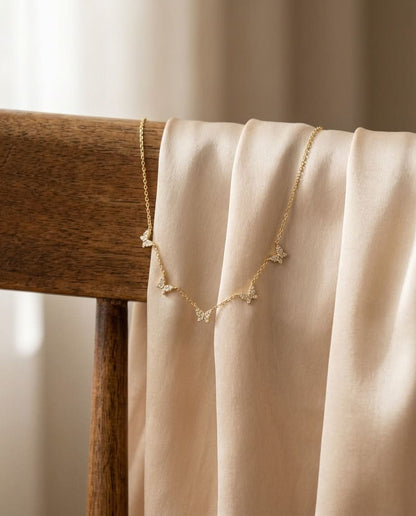 Dainty Pavé Diamond Butterfly Station Necklace in Gold