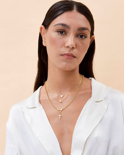 Elegant Cross Pendant & Geometric Charm Layered Necklace Set - Cross Jewelry