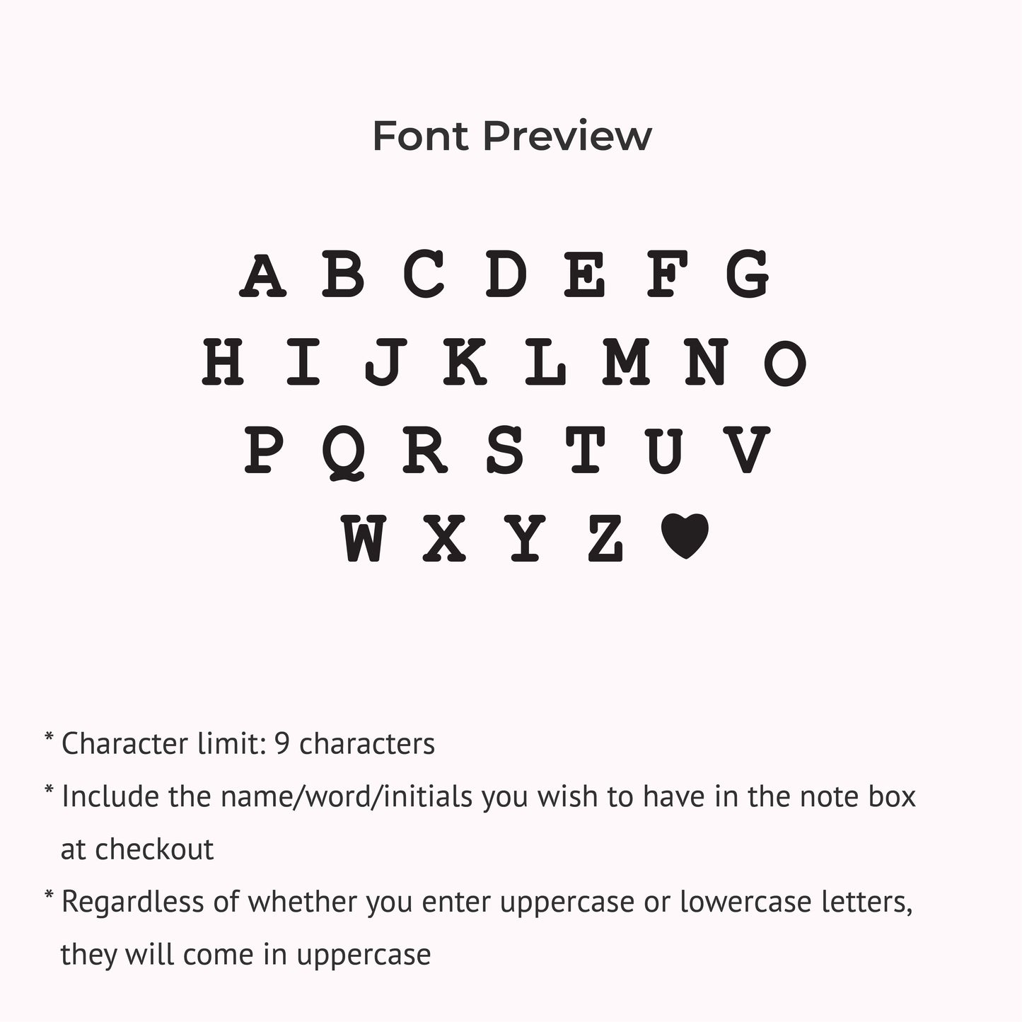 JWH font preview guide for Spaced Letter Name Necklace