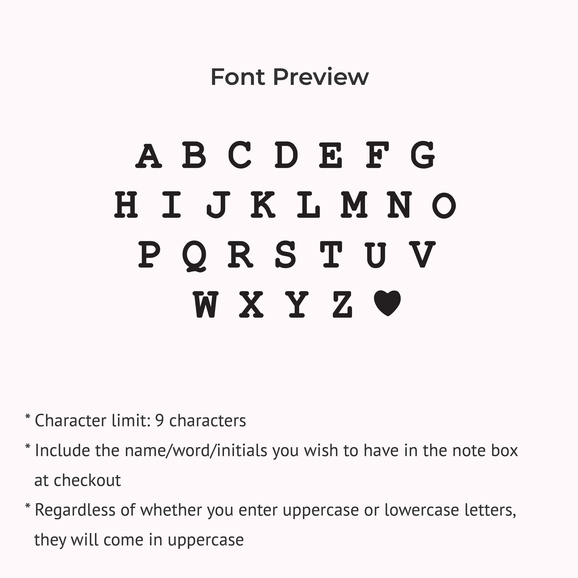 JWH font preview guide for Spaced Letter Name Necklace