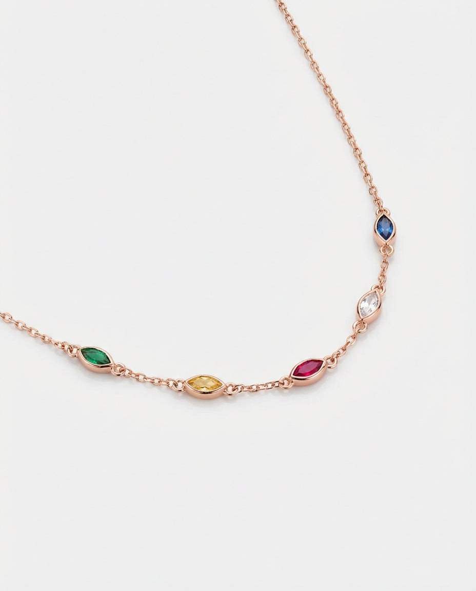 Minimalist Birthstone Necklace , Dainty Gold Chain with Colorful Gems - 925k Sterling Silver