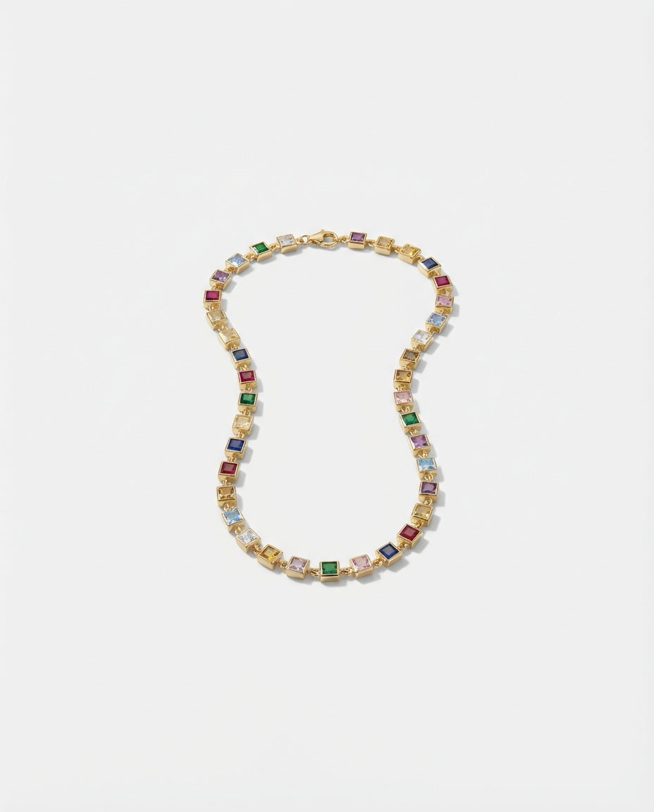 Vivid Rainbow Gemstone Gold Tennis Necklace