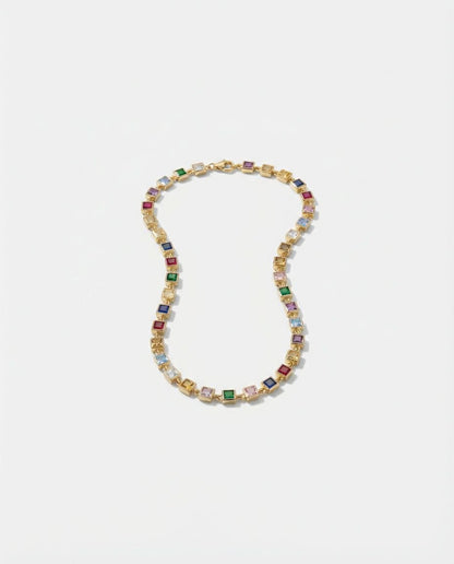 Vivid Rainbow Gemstone Gold Tennis Necklace