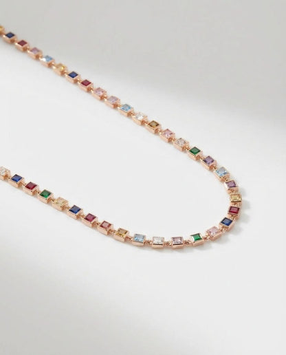 Vivid Rainbow Gemstone Gold Tennis Necklace