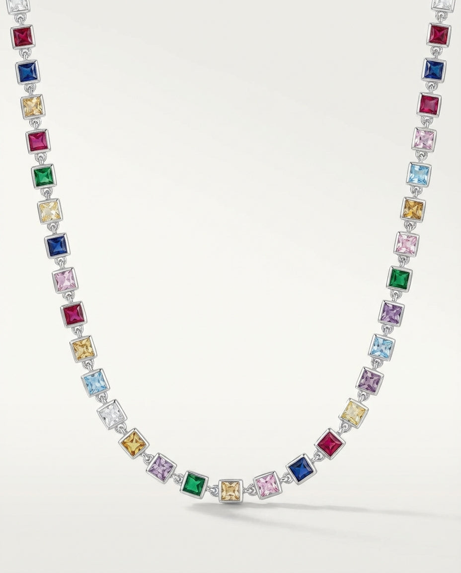 Vivid Rainbow Gemstone Gold Tennis Necklace