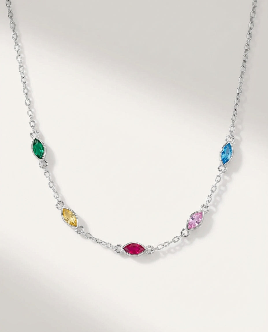 Minimalist Birthstone Necklace , Dainty Gold Chain with Colorful Gems - 925k Sterling Silver