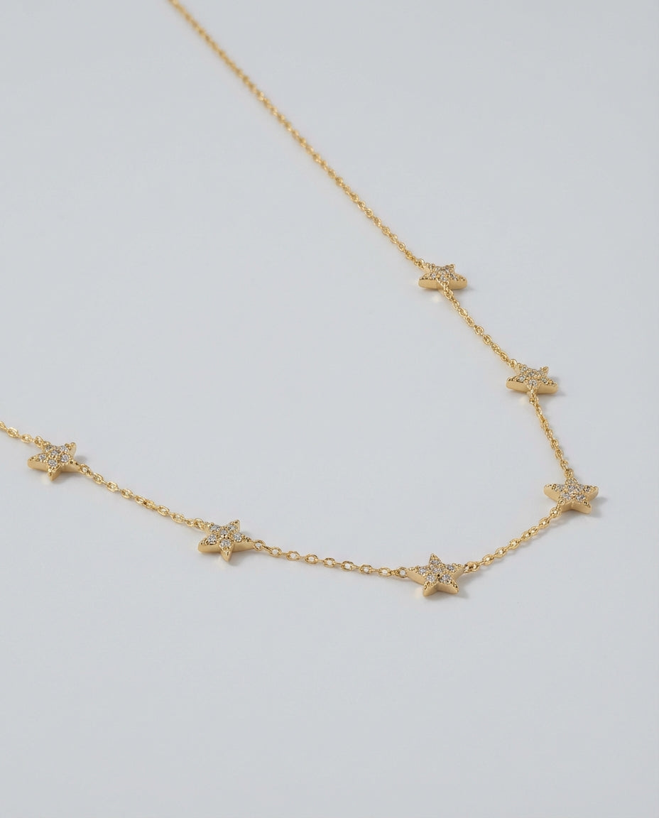 Star Necklace - Dainty Gold Chain with Crystal Stars - Gift for Her - 925k Sterling Silver