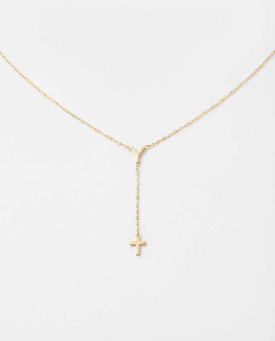 Custom Minimalist Y Necklace with Cross Pendant - Dainty Gold Chain - 925k Sterling Silver