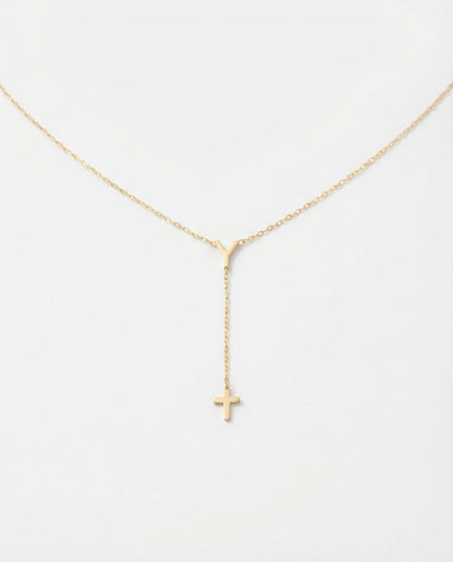 Custom Minimalist Y Necklace with Cross Pendant - Dainty Gold Chain - 925k Sterling Silver