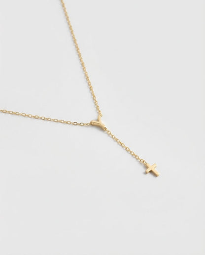 Custom Minimalist Y Necklace with Cross Pendant - Dainty Gold Chain - 925k Sterling Silver