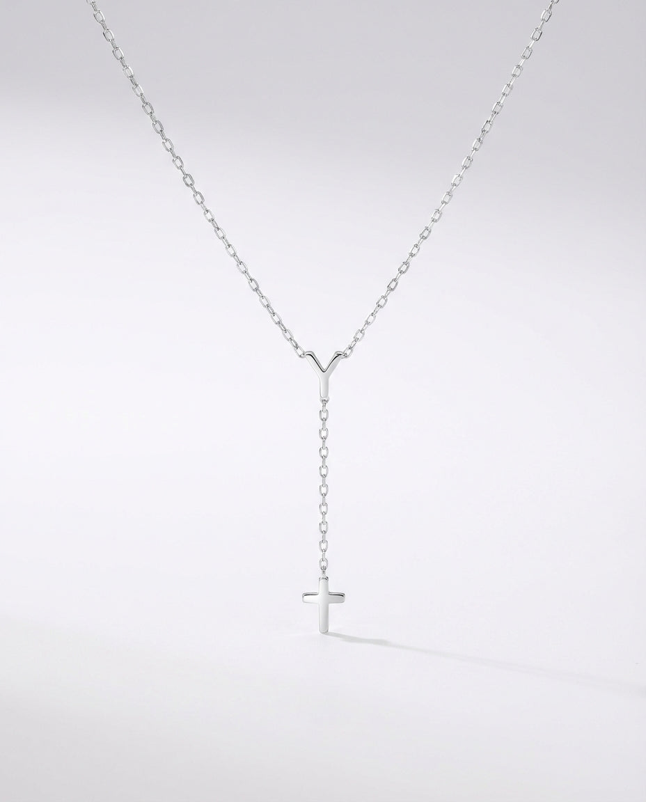 Custom Minimalist Y Necklace with Cross Pendant - Dainty Gold Chain - 925k Sterling Silver