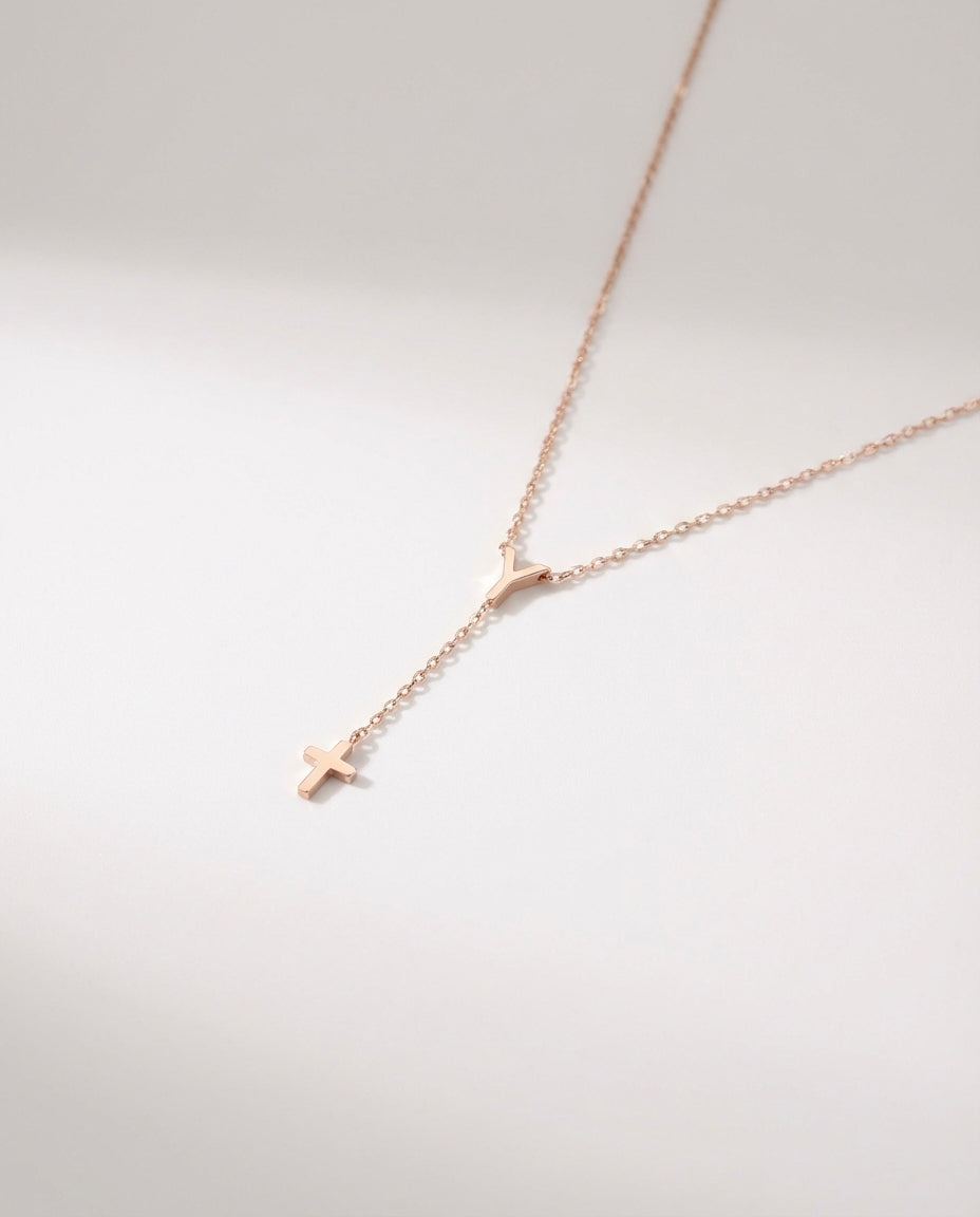 Custom Minimalist Y Necklace with Cross Pendant - Dainty Gold Chain - 925k Sterling Silver