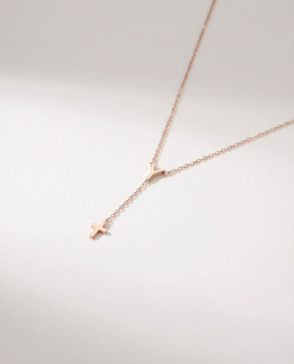 Custom Minimalist Y Necklace with Cross Pendant - Dainty Gold Chain - 925k Sterling Silver