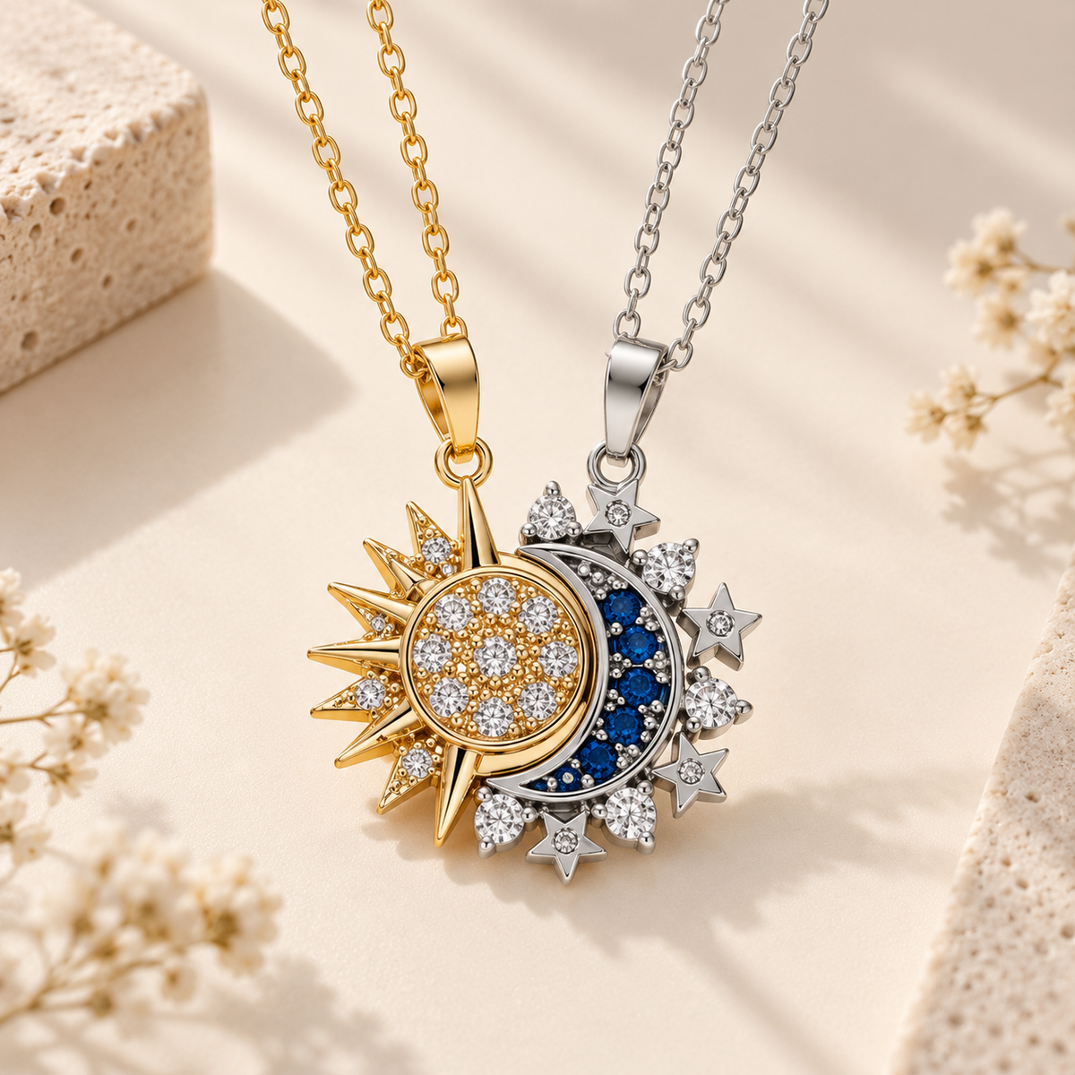 Sun & Moon Necklace Set - Style A - Gold Sun and Silver Moon with Blue Stones