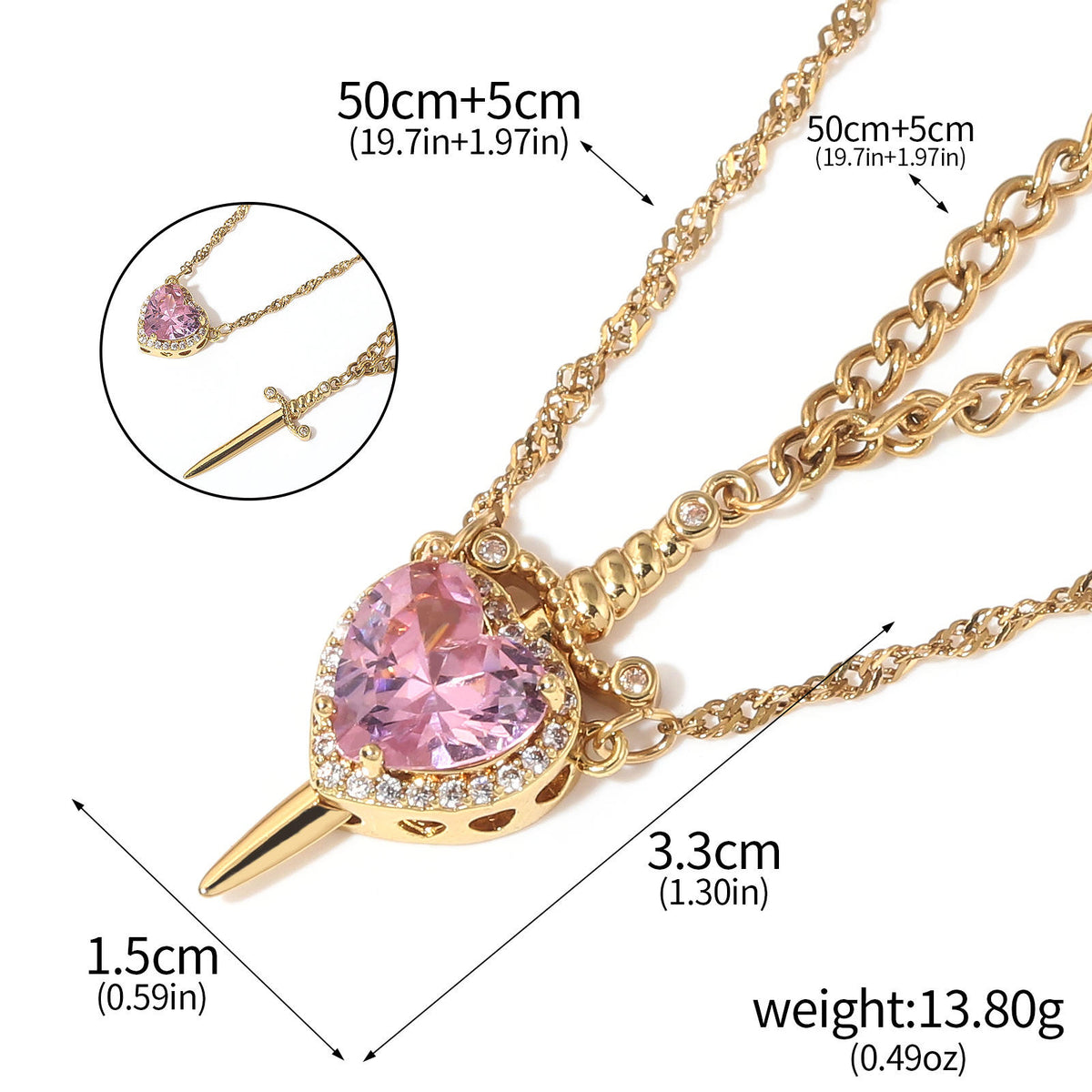 Love & Valor Necklace - Gold / Pink - dimensions and matching chains