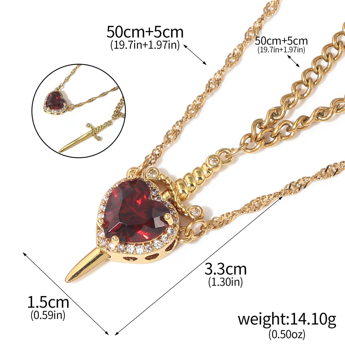 Love & Valor Necklace - Gold / Red - dimensions and matching chains