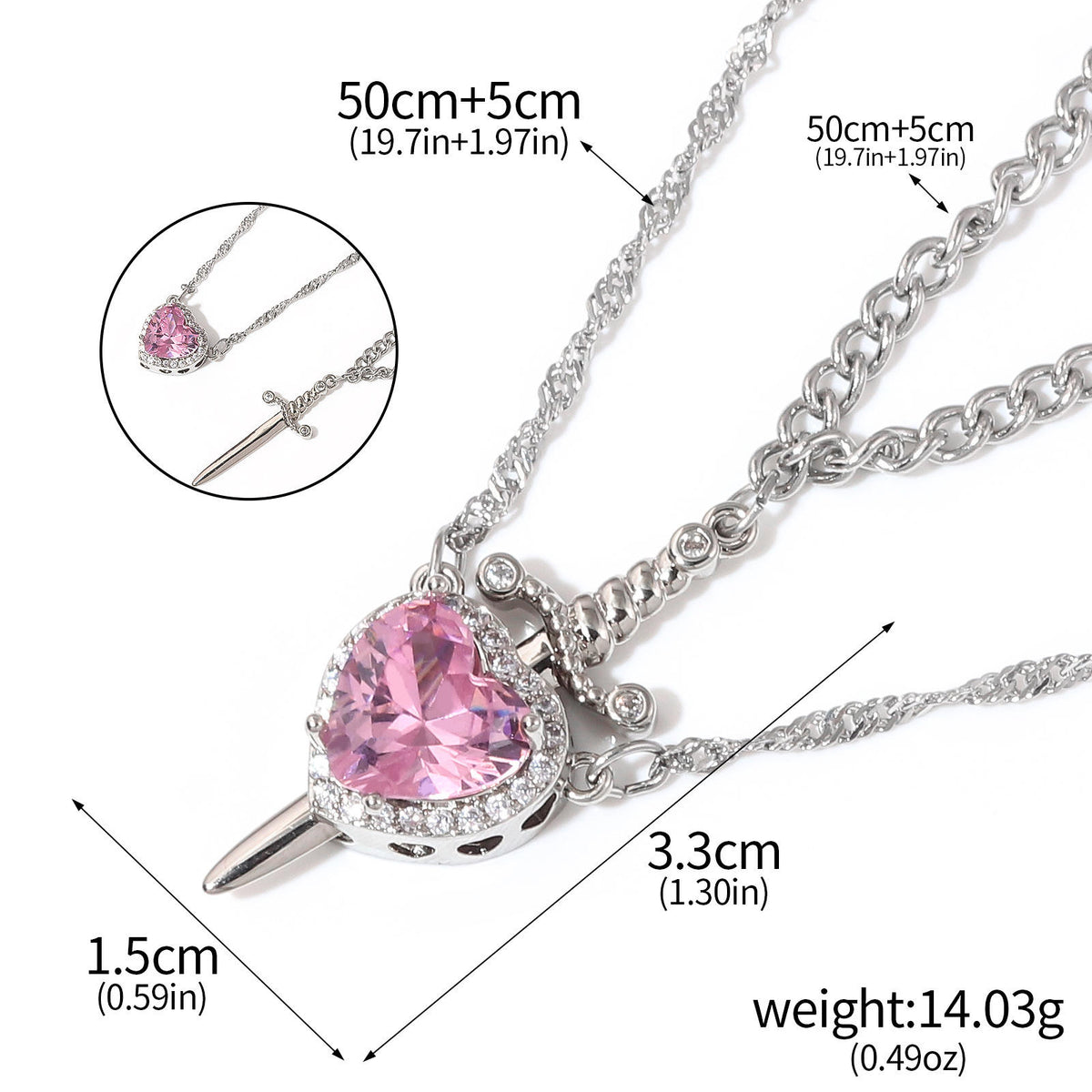 Love & Valor Necklace - Silver / Pink - dimensions and matching chains