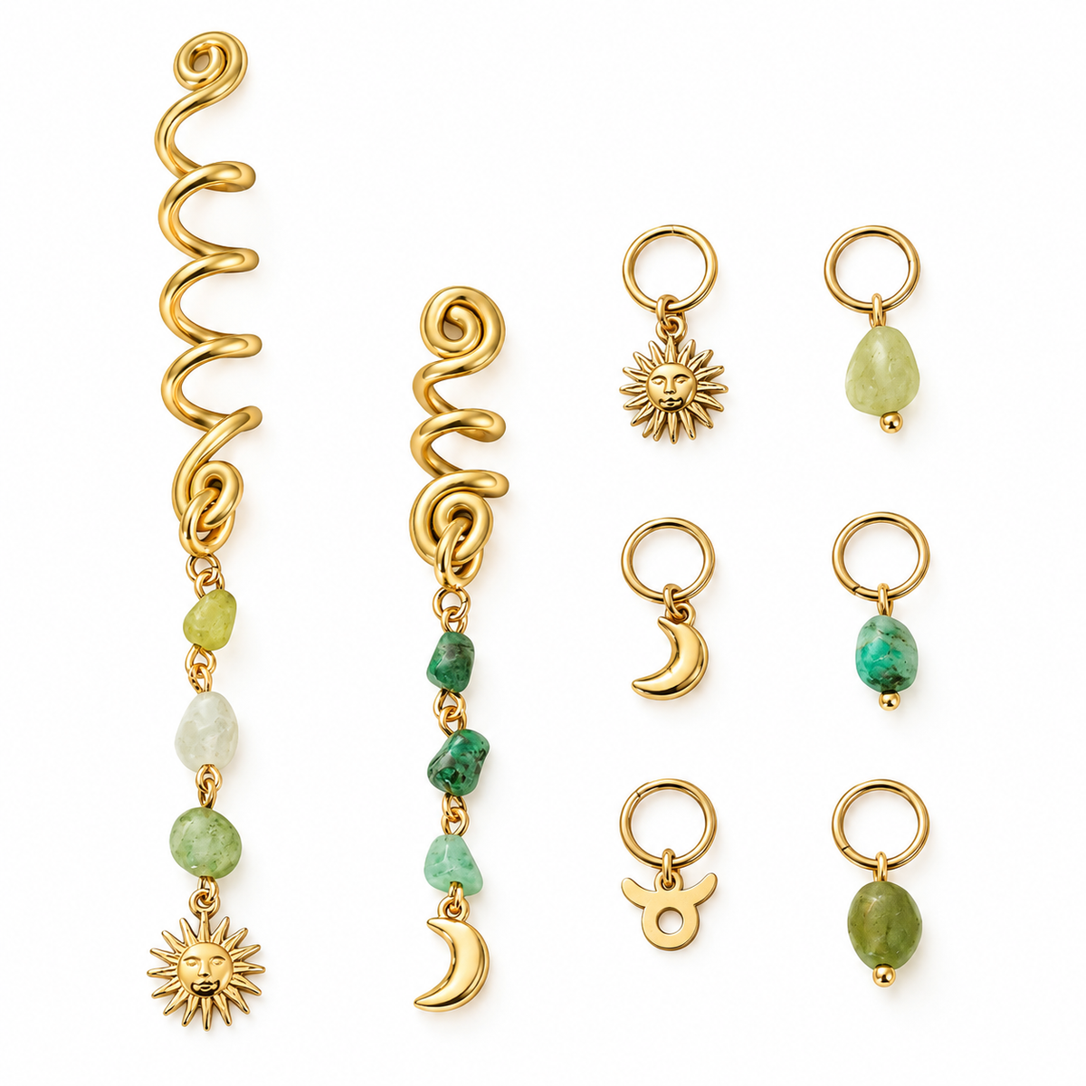 Taurus Zodiac Hair Jewels: gold-tone spirals and hair rings with natural stones, sun, moon and Taurus charms