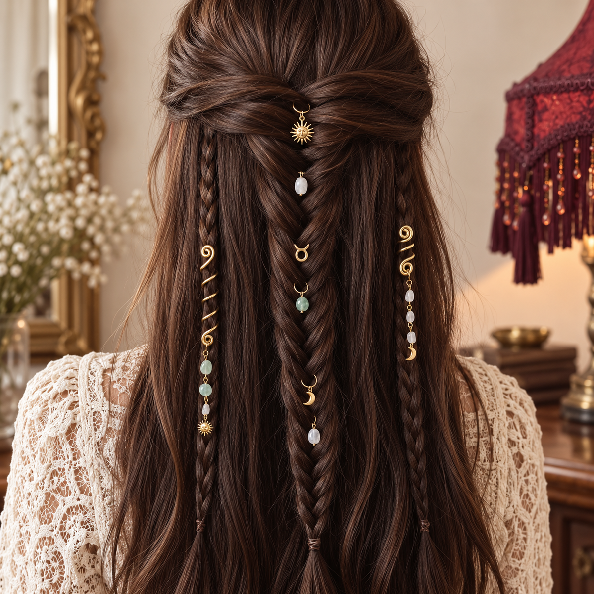 Taurus Zodiac Hair Jewels styled in braided hair with gold-tone spirals, natural stone and celestial charms