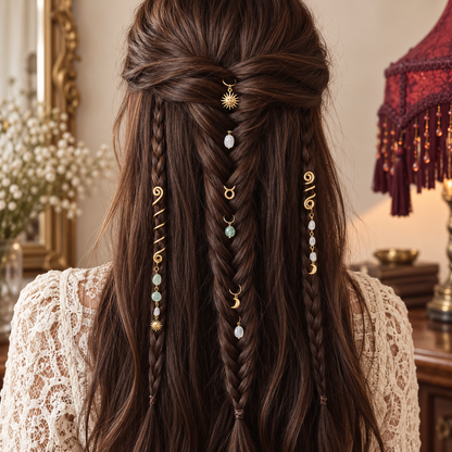 Taurus Zodiac Hair Jewels styled in braided hair with gold-tone spirals, natural stone and celestial charms