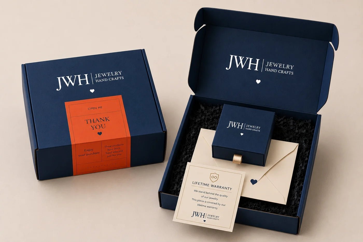 JWH signature gift box, jewelry box, thank you card, and lifetime warranty card