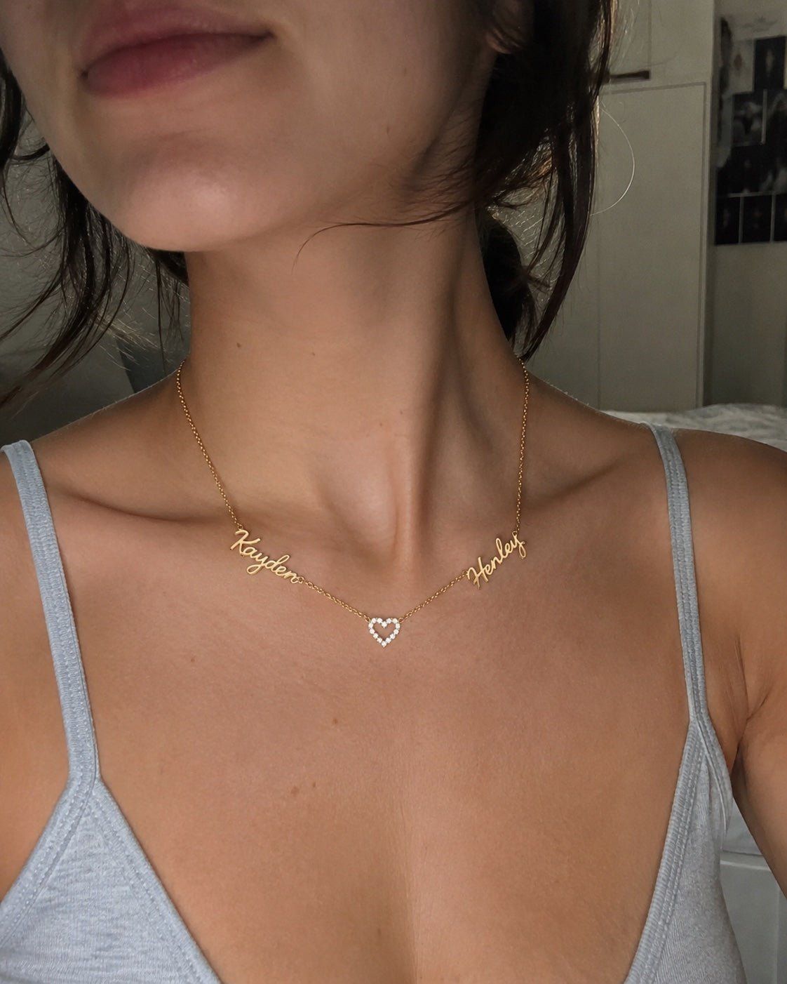 Customer wearing multiple name necklace from Jewelry Handcrafts
