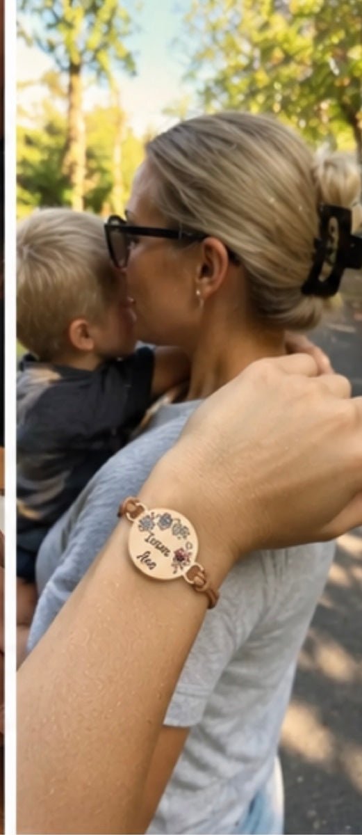 Customer wearing personalized mom bracelet with kids birthstones outdoors