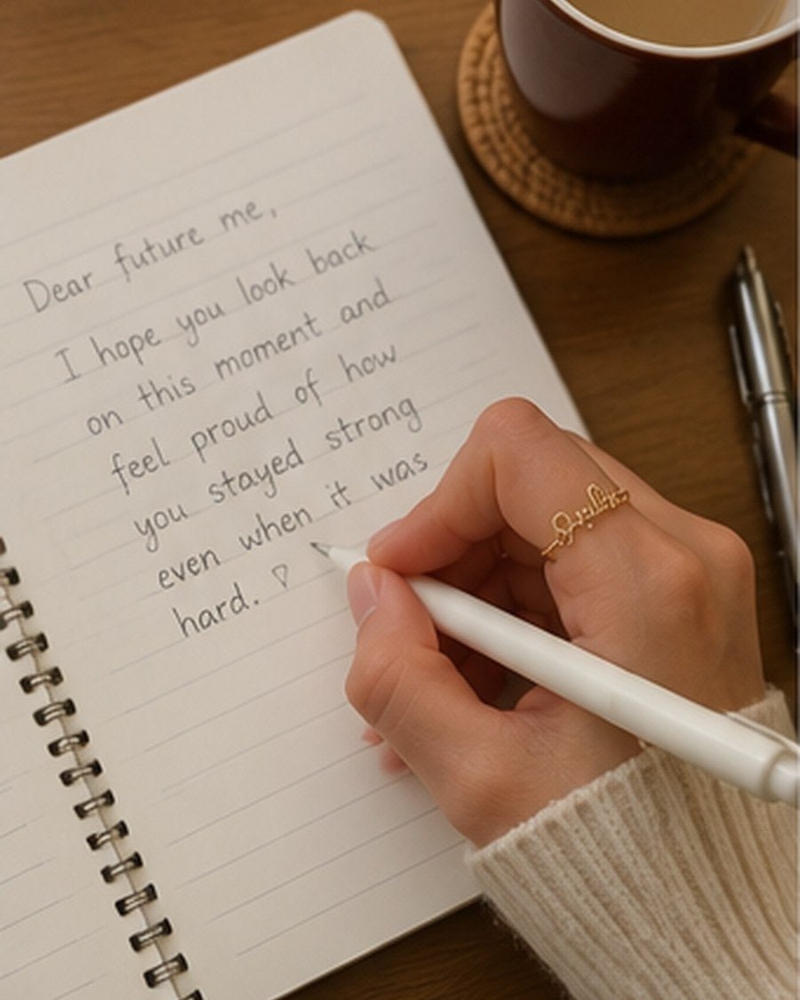 Customer wearing personalized two name ring while writing